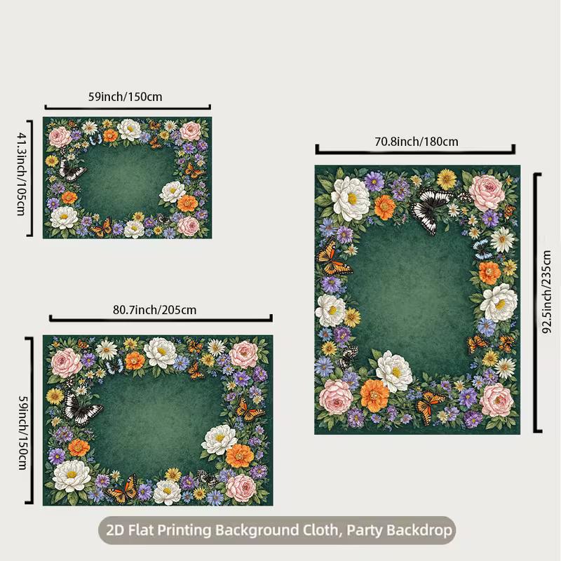 2D Vintage Flower Frame Backdrop Watercolor Blooms & Butterflies Photography Background Cloth