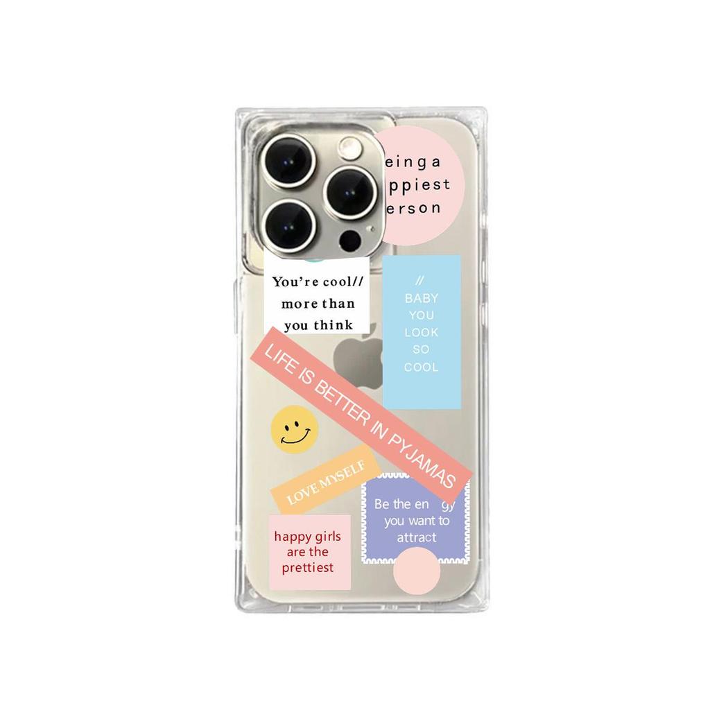 Clear Square Back Tube Case Protection For iPhone 15 Plus 12 16 ProMax 13 14 Pro Max 11 Anti-Oxygen,Smile Face in English Pattern Casing