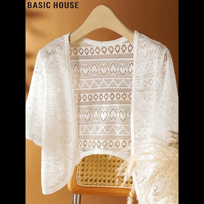 Basic House Women s Short-Sleeve Hollow Knit Cardigan 2XL