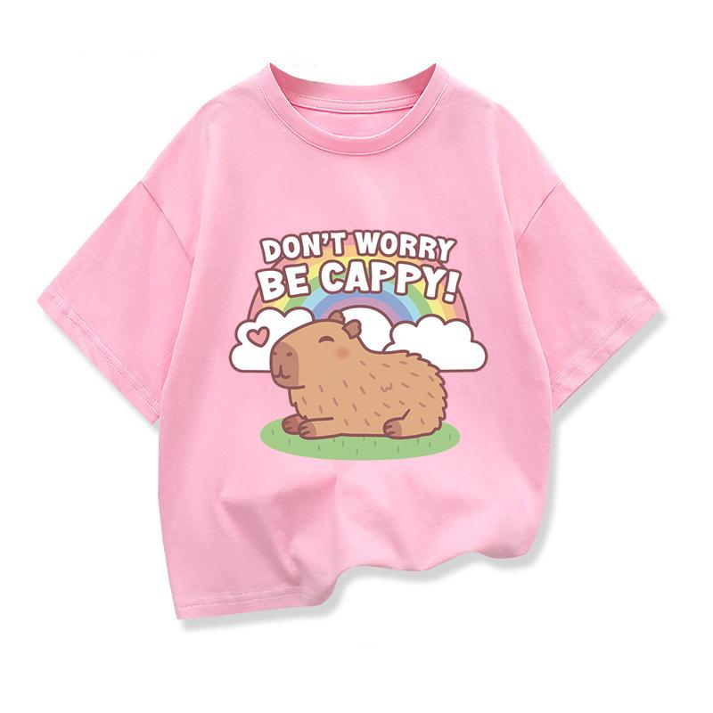 Girls T-shirt Capybara Kids Clothing Tees Summer Printed Cartoon Short Sleeve T-shirt Children Basic Loose O-neck Tops 100cm
