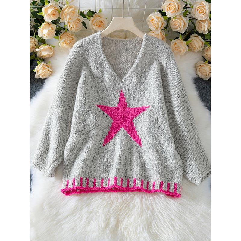 Women's Autumn Sweaters Casual Loose Star Pattern Women's Sweater Casual Loose Loop Yarn V-Neck Knitted Sweater Pullover