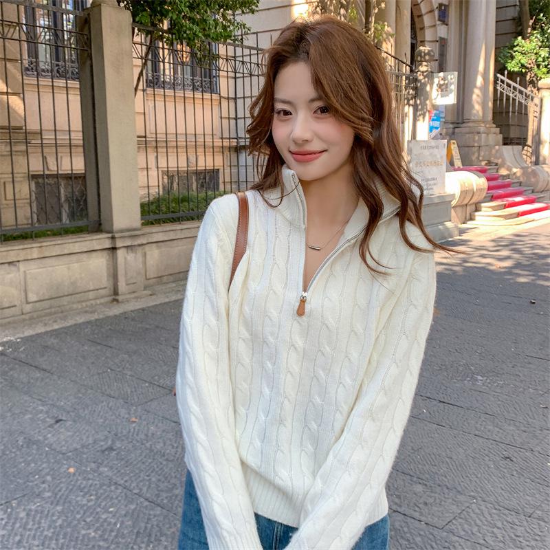 Celebrity Style Cable Knit Half-Zip Sweater: Autumn/Winter Long Sleeve Lapel Top