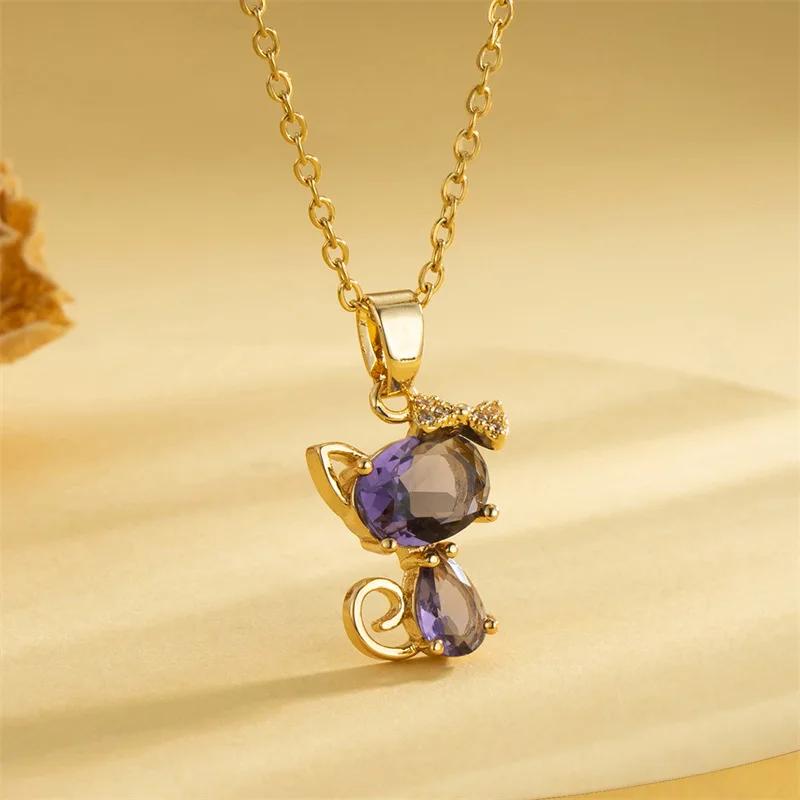 

Lovely Purple Pink Zircon Bowknot Cat Pendant Necklace for Women Girls Cute Stainless Steel Chain Kitten Accessories Jewelry