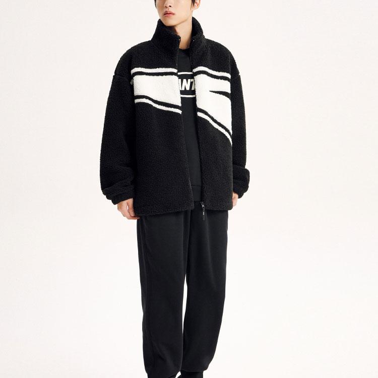 Anta Lifestyle Series Solid Color Large Logo Zipper Stand Collar Thick Lamb Fleece Jacket Unisex Jacket Black 972348708-3