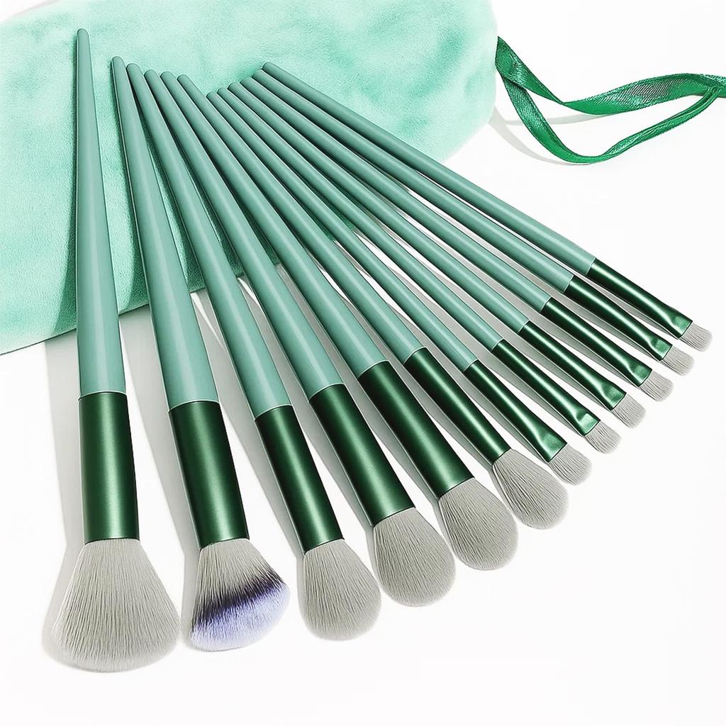GLUN® Metallic Green Professional 13-Piece Makeup Brushes with Travel Bag, Face, Eye & Highlight Brushes