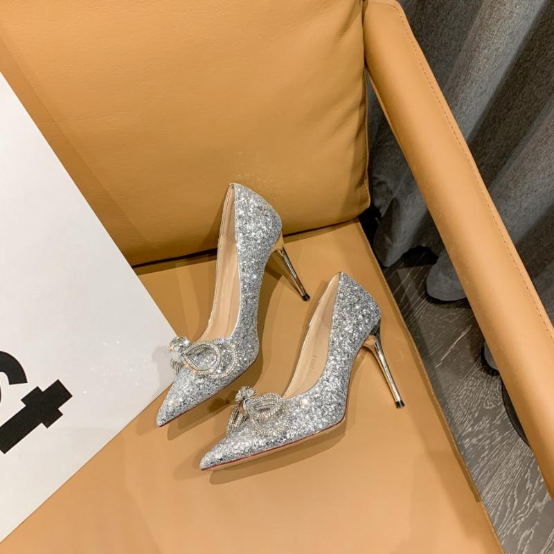 Early spring new black fine flash high heels pointed thin heels dinner sexy rhinestone bow single shoes women