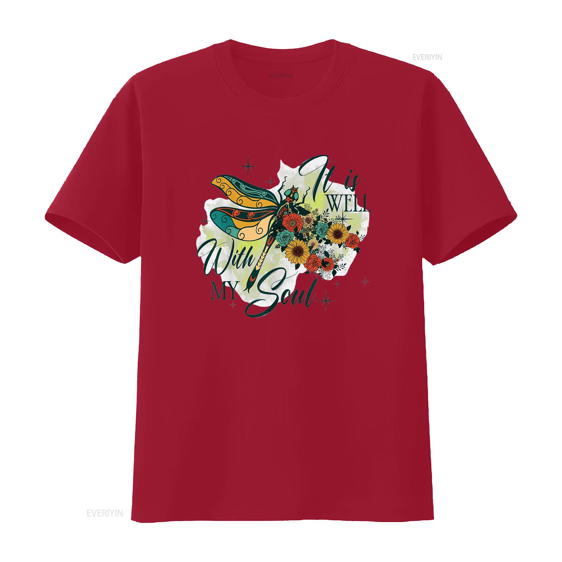 

It is Well with My Soul Dragonfly Flowers Womens Summer Tops T Shirt White vintage Washed Soft Top For Everyday Wear Stretched S