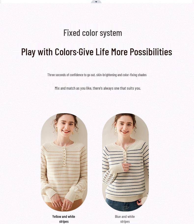 Women's Striped Cashmere Round Neck Button-Up Sweater - Long Sleeve Wool Knitwear for Autumn/Winter