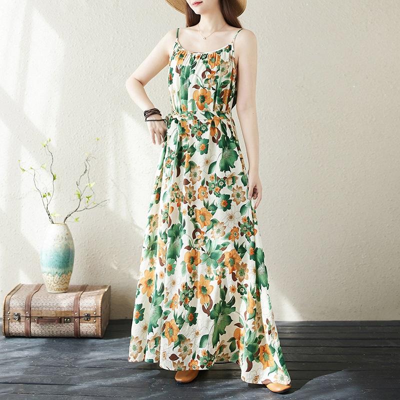 Sleeveless Strap Plus Size Cotton Vintage Floral New In Dresses For Women Casual Loose Long Summer Dress