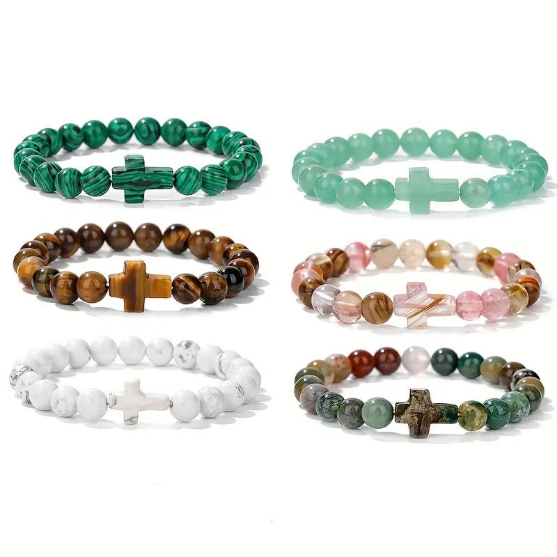 Natural Tiger Eye, Green Aventurine, Turquoise, and Malachite Cross Beaded Bracelet