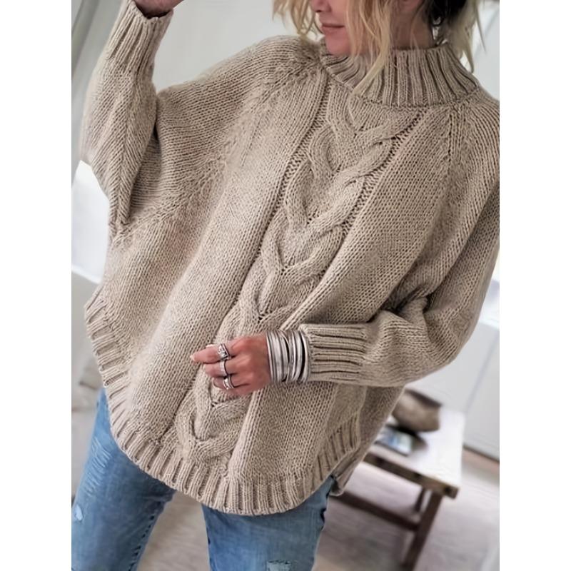 Women'S Vintage-Inspired Black Cable Sweater with High Neck, Loose Fit, Casual, Everyday Pullover, Vintage Sweater | Cable Pattern, Sweater Dress