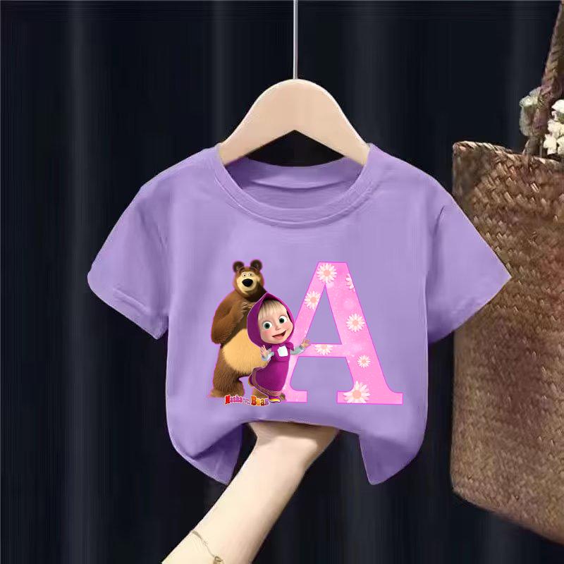 Mashas and The Bear Summer T-shirt Girl Children Tops Cute Cartoon Letters A-Z Print Clothing Short Sleeve Kids Casual Clothes