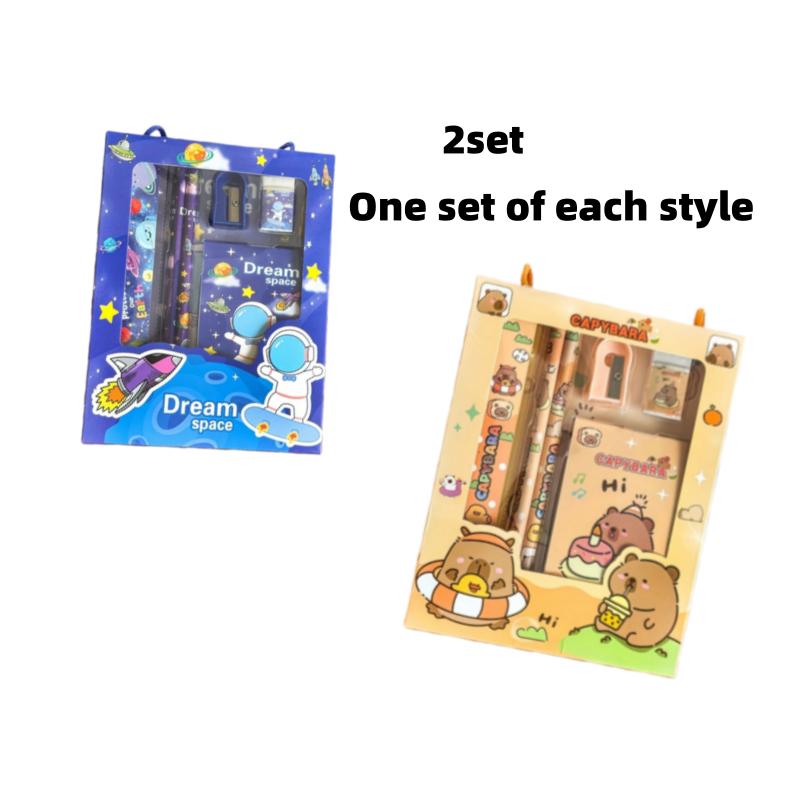 

2 Sets of Kapibara Stationery Set and Astronaut Stationery Set, 6-Piece Portable Pencil Case with Kapibara Theme Design, Suitable for Students and