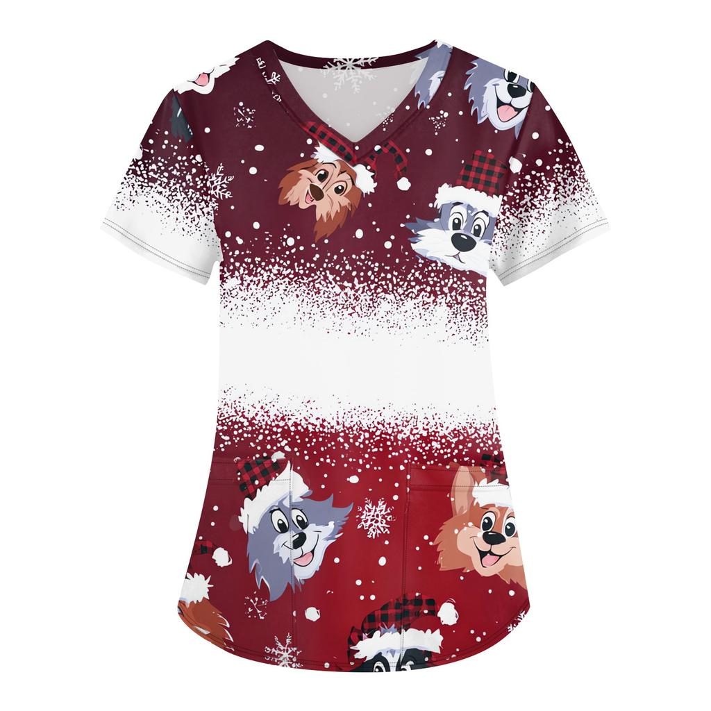 Dámské módní pracovní oděvy s krátkým rukávem a výstřihem do V s kapsami Vánoční topy s potiskem