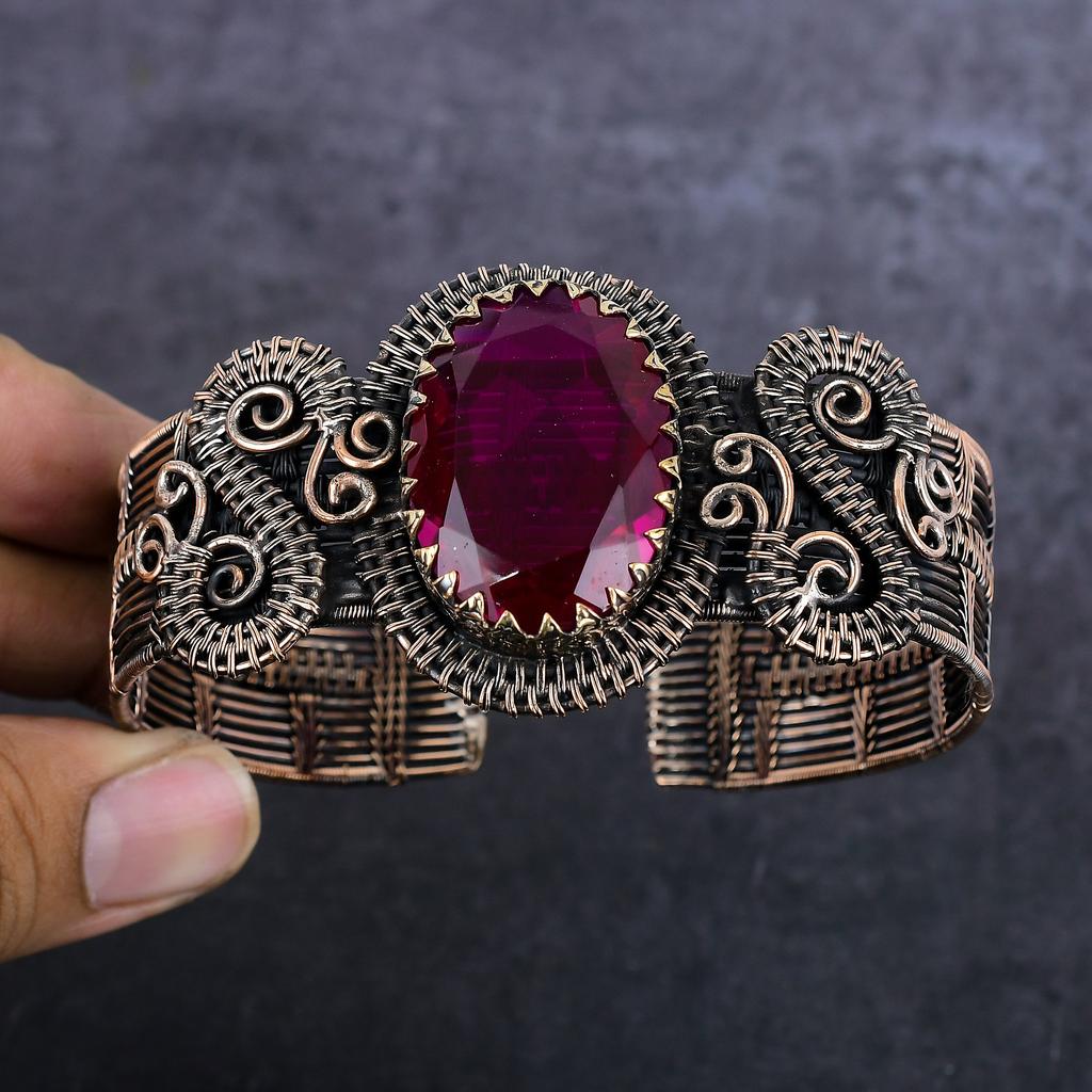 Rosa Rubellit Handgefertigter Kupferdraht Wickel Armreif Verstellbar R7J26