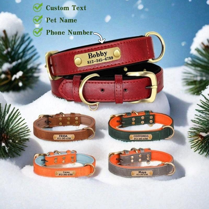 Customized ID Nameplate Dog Collar PU Leather Soft Padded Dog Collars Free Engraving Name for Small Medium Large Dogs Adjustable