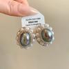 Silver needle court style diamond set oval imitation bead stud earrings personality temperament light luxury earrings