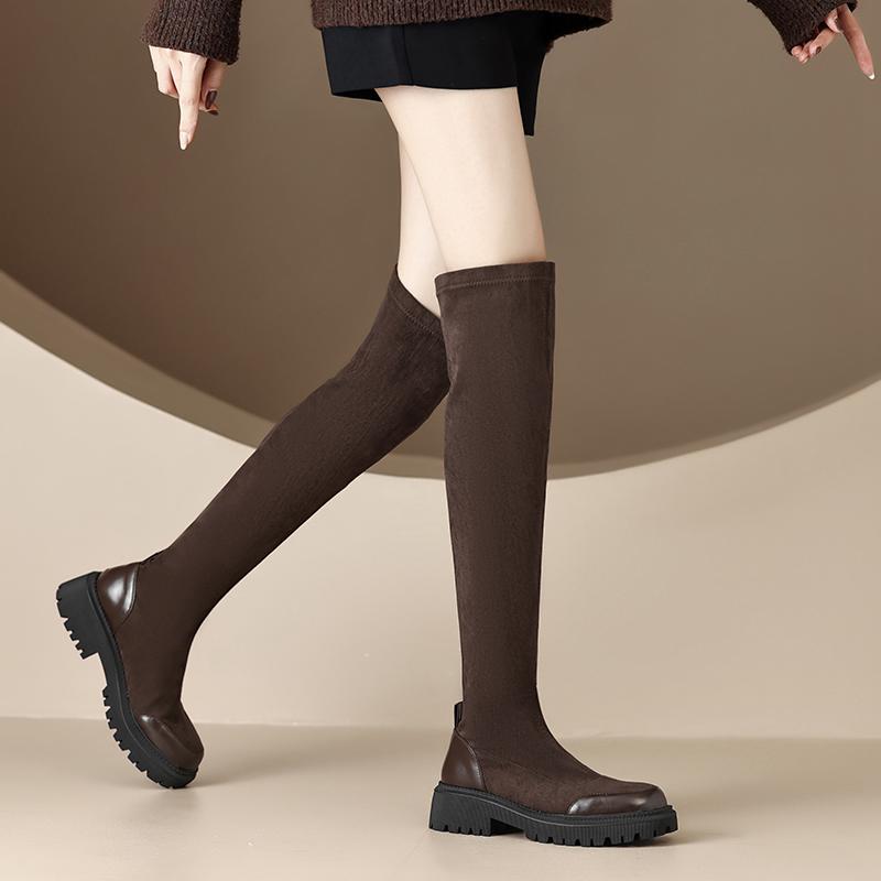 Krazing Pot Flock Autumn Winter Shoes Med Heels Size 43 Stovepipe Boots Round Toe Keep Warm Zipper Over-the-knee Boots