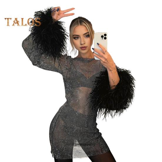 

Сексуальное блестящее вечернее платье с меховой отделкой на манжетах, круглым вырезом, длинными рукавами, прозрачным облегающим платьем S