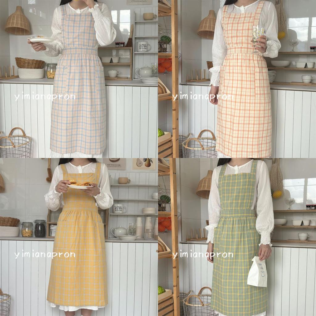 Cotton Sleeveless Apron With Fresh Checkered Pattern For Kitchen And Cafe Use