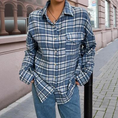 Moda Donna Casual Primavera Autunno Stampa a Quadri Manica Lunga Collo Polo Camicie Bluse