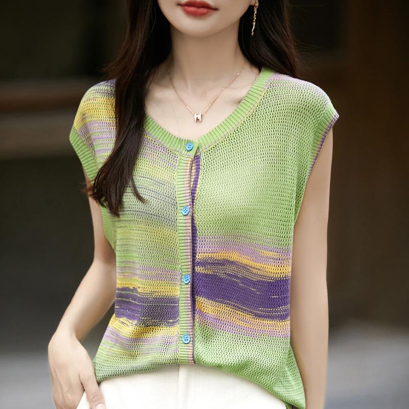 Women's wool sleeveless cardigan Qinghe cashmere 50% silk 50% wool spring and summer wool short sleeve sleeveless vest soft and comfortable