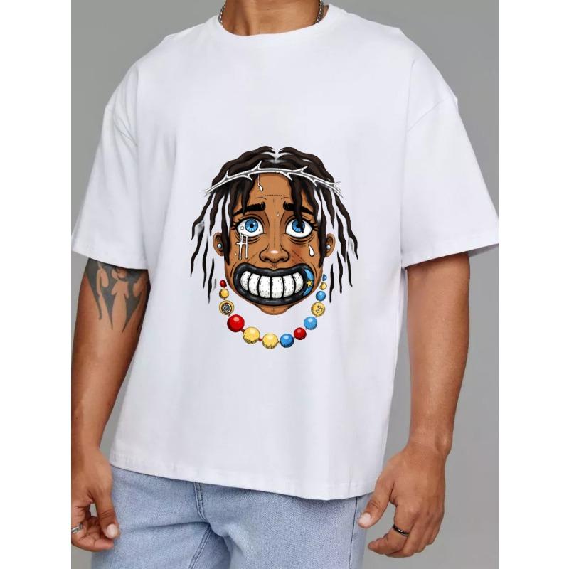Cotton T Shirt White Jesus Christ with Crown of Thorns and Colorful Beads Print Casual Streetwear for Men