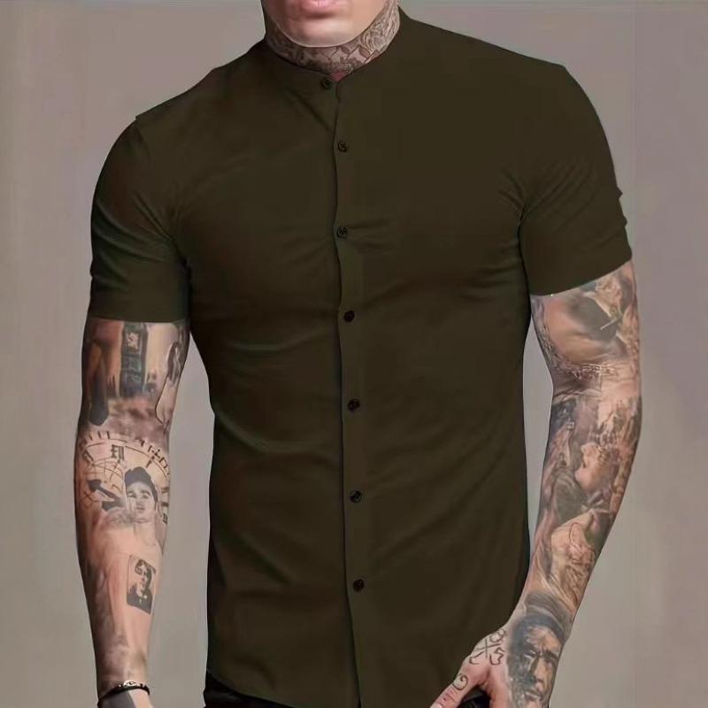 Men Slim Fit Short Sleeve Mandarin Collar Shirt Button Down Casual Business Top