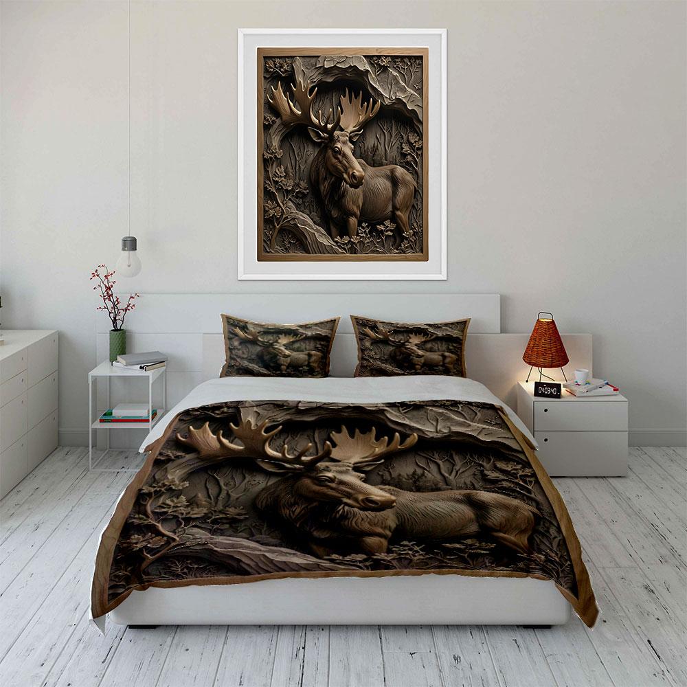 Stag In Forest Carved Design Bedding Duvet Cover Set  (1*Duvet Cover 2*Pillowcases, Without Duvet Insert)