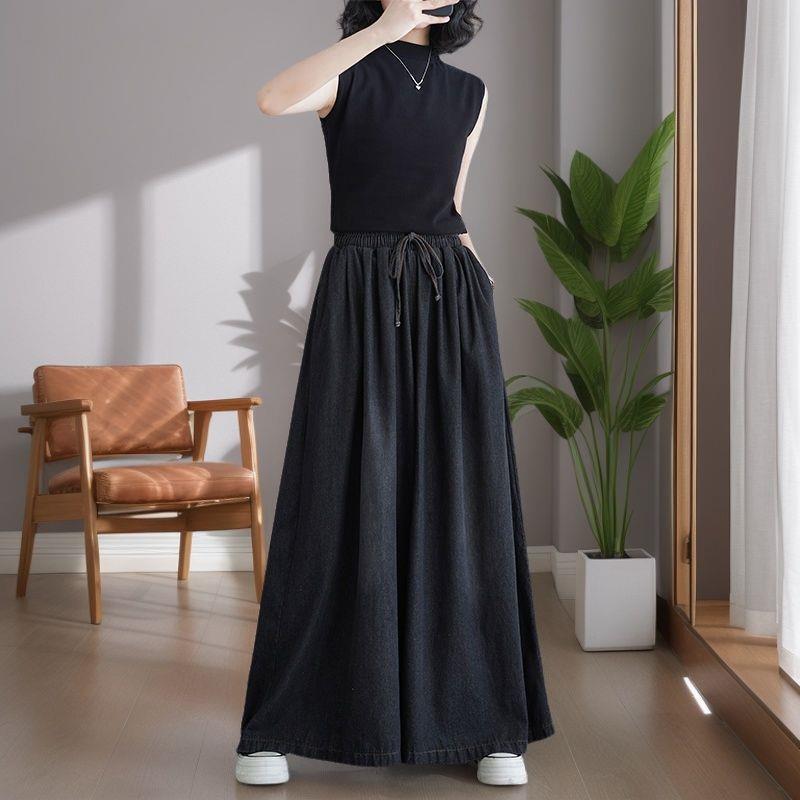 

European Plus Size Women s Wide Leg Denim Pants - Elastic Waist, Drawstring, Spring/Autumn Collection. XL [150-170 kg] чёрный