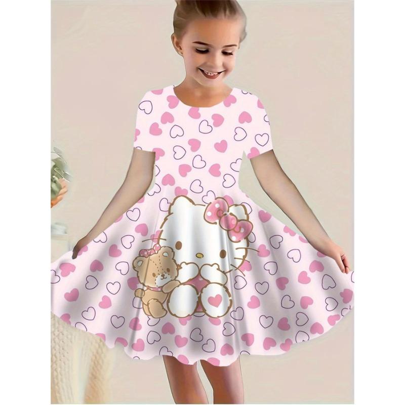 Girls' 3D Rabbit Print Short Sleeve Dress | Sweet Style, Perfect for Outdoor Activities and Vacations