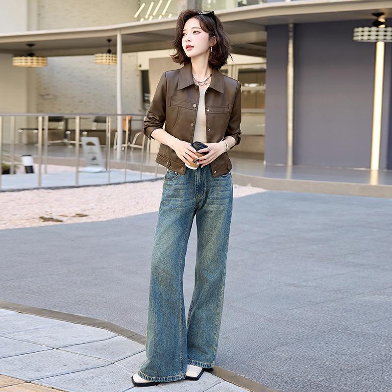 

Женская приталенная куртка из натуральной кожи ягненка - Корейский стиль, Маленький размер, Весна/Осень 2025 M кофейный