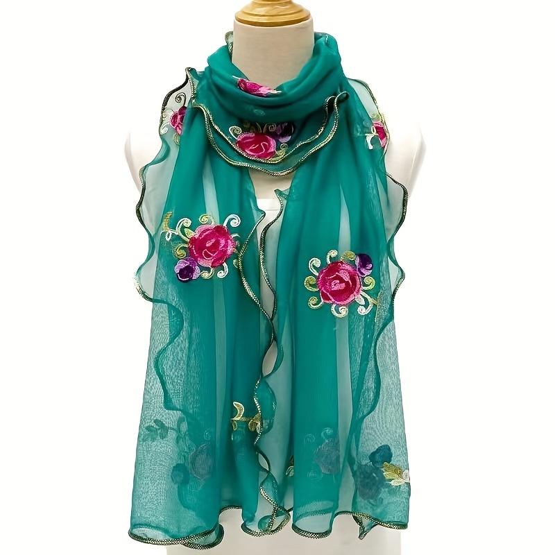 Vintage Flower Embroidered Scarf Elegant Ruffle Thin Breathable Shawl Casual Outdoor Sunscreen Decorative Bandana Muslim Hijib