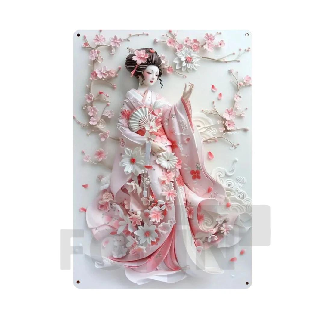 

Японская гейша кимоно металлический знак, 2D элегантный японский постер с цветущей вишней, для дома, комнаты, офиса, идзакая, кафе, студии настенный декор 20x30cm-