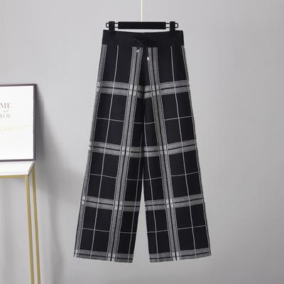 Pantalon large à carreaux vintage pour femme, pantalon droit taille haute, pantalon décontracté en tricot ample et épais, automne hiver