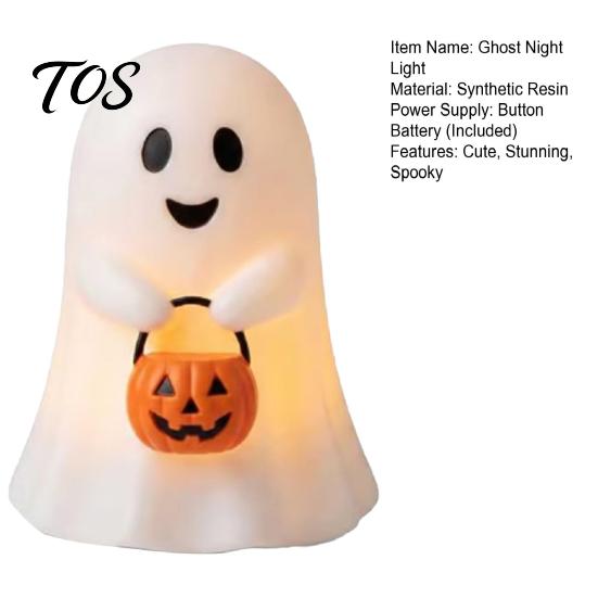 Indoor Outdoor Halloween Accents Cute Ghost Holding Pumpkin Bucket Table Lamp, Spooky Bedside Decorative Figurine for Party Small LED Night