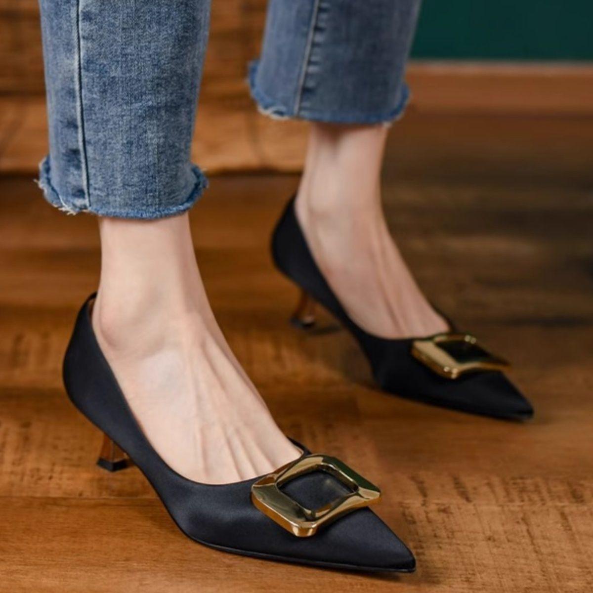 

Soft cowhide with skirt high heels women s spring and autumn new temperament pointed square buckle leather single shoes 40 чёрный