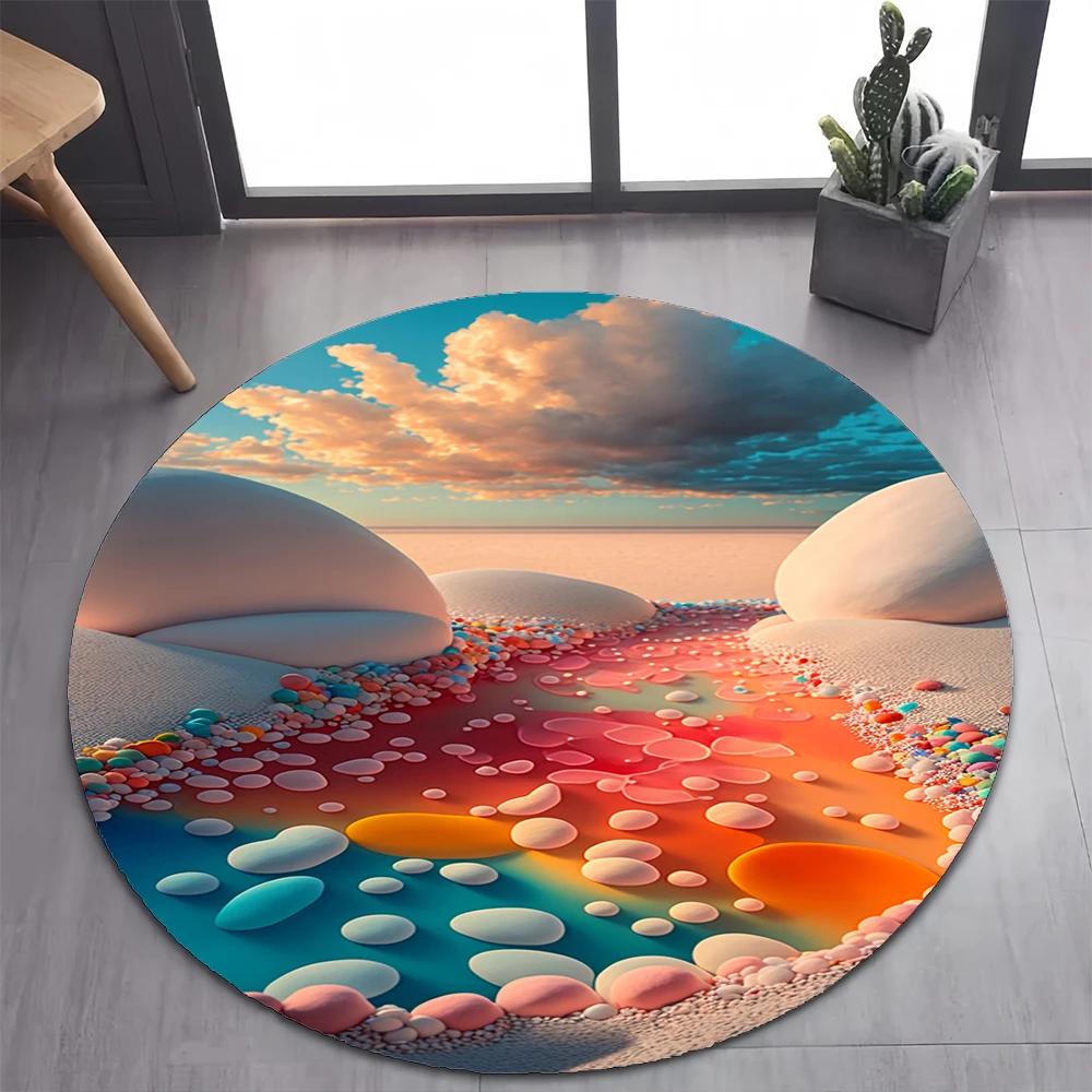 2025 New Style Colorful Rainbow Pebble Road Beach Stone Round Carpet Rug for Bedroom Living Room Decoration,pet Decor Floor Mat