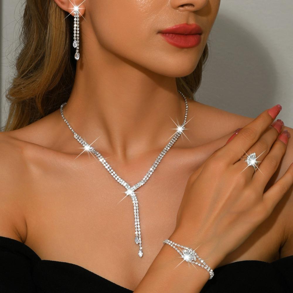 4PC Luxury Necklace Earrings Bracelet Ring Set Simple Women's Fashion Jewelry Kit  Wedding