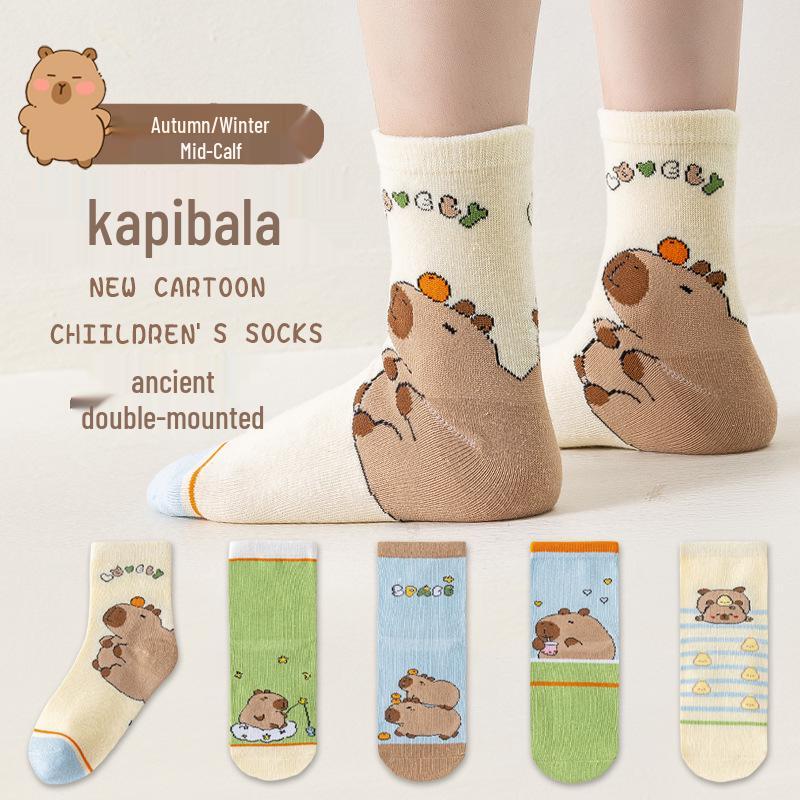 Capybara Kids' Cotton Mid-Calf Socks with Cartoon Designs for Spring, Autumn, and Winter