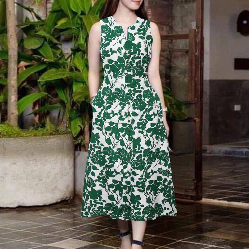 

ZANZEA Женское летнее повседневное платье с V-образным вырезом, без рукавов, с принтом M зелёный