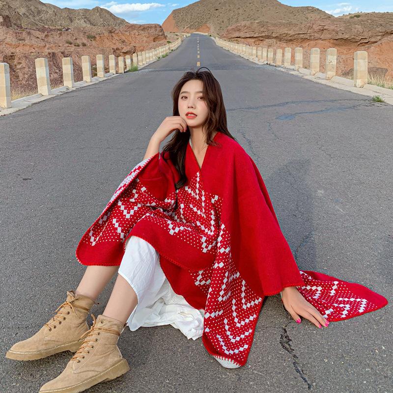 Travel large shawl women's imitation cashmere with double-sided cape geometric pattern fringe air-conditioning room cape summer