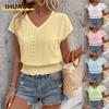 Women's Fashion Casual Solid Color Print Short Sleeve V Neck Blouses & Shirts