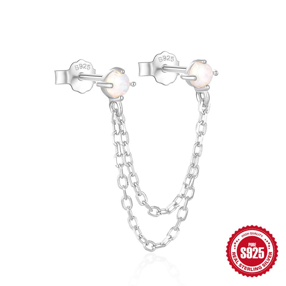 Fashion S925 Sterling Silver Ins Wind Chain Tassel Diamond Opal Opal Earline Stud Earrings