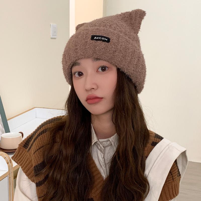 New Cute Bear Ears Wool Hat Women'S Winter Warm Knitted Hat Solid Color Versatile Cold Protection Ear Protection Pullover Hat