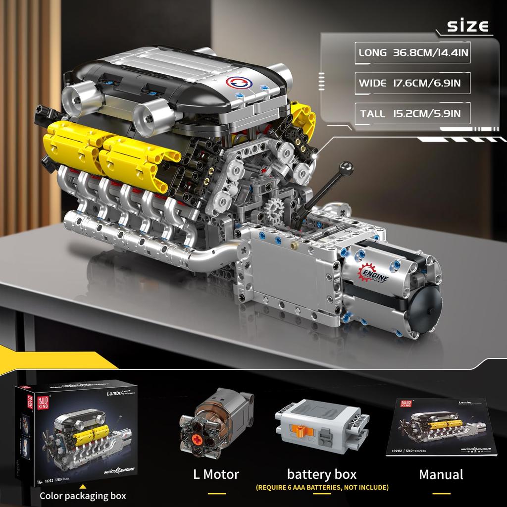 Mould King 10202 MOC Technology V12 Cylinders, V-Arranged. Engine and Transmission Model. Technology Sports Car Electric Motor Driven Clamp Block Kit