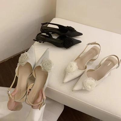 2025Elegante Damen Sandalen Hochhackig Süße Rose Geschlossene Zehen Sommer Slingback Spitz Mode Kleid