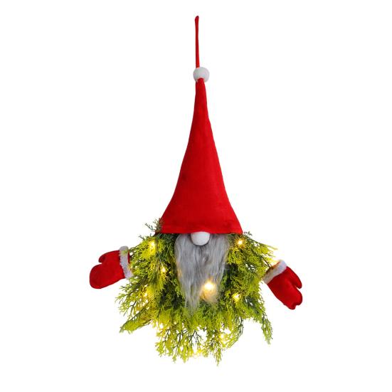 Lighted Gnome Christmas Wreath for Front Door Artificial Pine Spruce Hanging Sign Swedish Tomte Holiday Decor for Indoor Outdoor Porch Window Wall