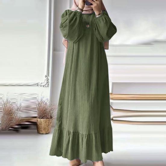 Women Dress Round Neck Puff Long Sleeve Loose Fit Maxi Dress with Layered Ruffle Hem Puff Sleeves Holiday Wear