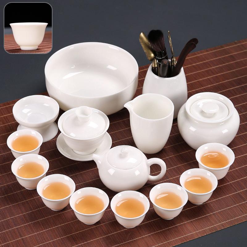 Suet Jade Kung Fu Tea Set Home Living Room Office Light Luxury Tea High-end Gift Box Cover Bowl Teacup Complete Set